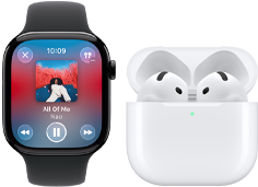 Apple Watch Series 11, boîtier en titane naturel, bracelet : Bracelet Sport gris minéral, app Apple Music ouverte, associée à des AirPods 4