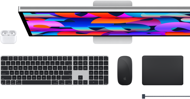 Accessoires pour Mac : Airpods, Studio Display, Magic Keyboard, Magic Mouse, Magic Trackpad, câble de charge MagSafe en noir sidéral