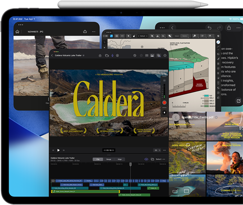 iPad Pro, face avant, orientation paysage, noir sidéral, Apple Pencil posé sur l’appareil, écran affichant plusieurs fenêtres d’apps en mosaïque, dont Final Cut Pro avec plusieurs fonctionnalités de montage vidéo et une timeline, Plans, Notes et différents plans multimédias